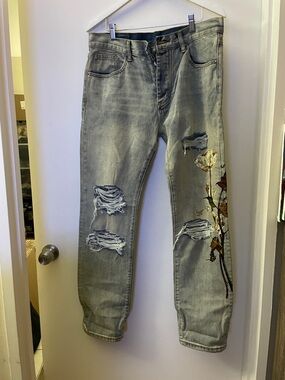 MNML Gray Distressed Boyfriend Jeans with Floral Side Detail